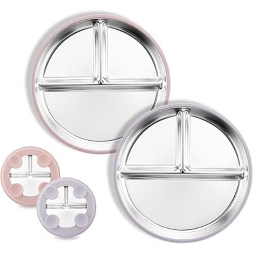 Stainless Steel Baby Plate with Suction, 8” Divided Toddler Plates with Removable Silicone Sleeves for Kids, Non-Toxic Non-Slip Unbreakable Dishwasher Safe Dinnerware Set of 2, Pink & Lilac