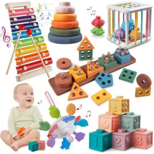 6-in-1 Montessori Baby Toy Set with Wooden Blocks, Xylophone and Teether for Toddlers