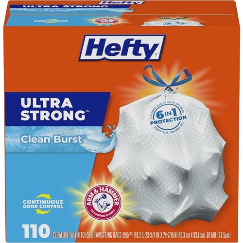 Hefty Ultra Strong 13 Gallon Trash Bags, Tall Kitchen Trash Bags 13 Gallon Size, Drawstring Closure, Continuous Odor Control, White, Clean Burst Scent, 80 Bags