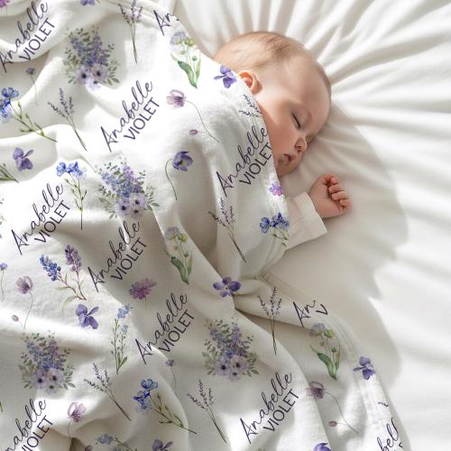 Violet Baby Blanket: Personalized Floral Name Blanket Girls Lavender Keepsake Gift