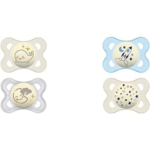 MAM Night Pacifiers with Glow-in-Dark Buttons, 0-6 Months, Breastfed Baby Pacifiers, Unisex, Includes Sterilizing Case and 2 Pacifiers