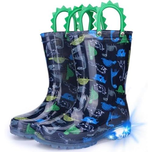 Toddler Kids Rain Boots - Light Up Boys Rainboots Boots Waterproof Lightweight Outdoor Shoes with Easy-On Handles (Toddler/Little/Big kids)