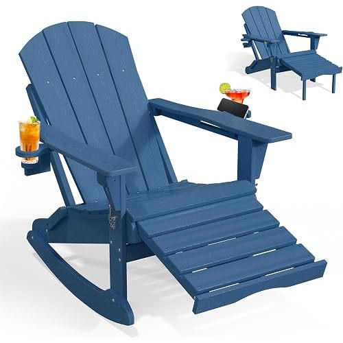 PLUUV Folding Adirondack Rocking Chair with Retractable Ottoman, Navy Blue