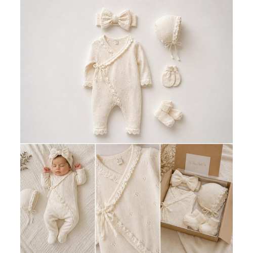Newborn Knit Romper Bonnet Mittens Socks Set, Organic Cotton Coming Home Outfit in IVORY