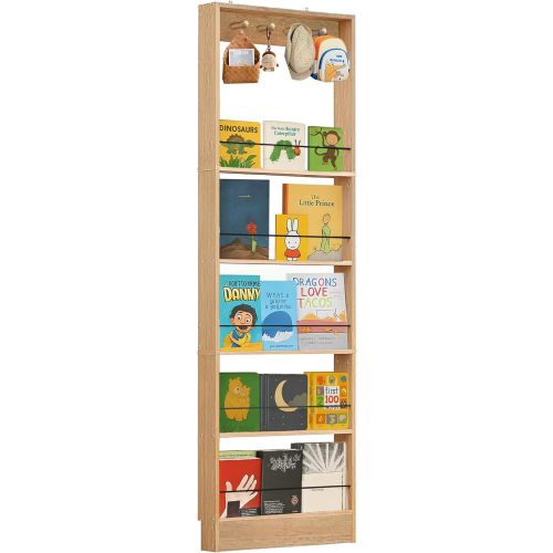 Behind The Door Bookshelf Kids,Wooden Behind Door Bookshelf, 5-Tier Bookcase Book Shelf Space-Saving Organizer Storage for Toys and Story Books Wall Mount Shelves with Hooks(Oak)