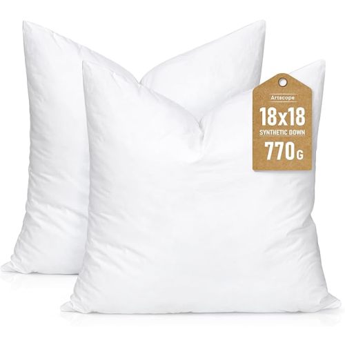 Artscope Synthetic Down Pillow Insert, 18x18 Down Alternative Throw Pillow Insert. Ultra Soft Fluffy Sleeping Pillow with 100% Cotton Cover, Decorative Pillows Set of 2-White.