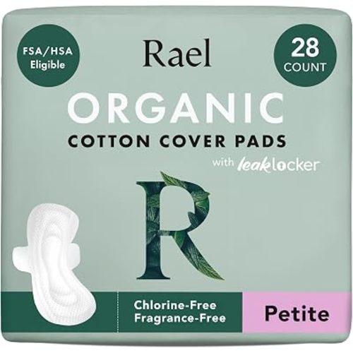 Rael Organic Cotton Cover Sanitary Pads for Women, Light (Petite, 28 Ct)