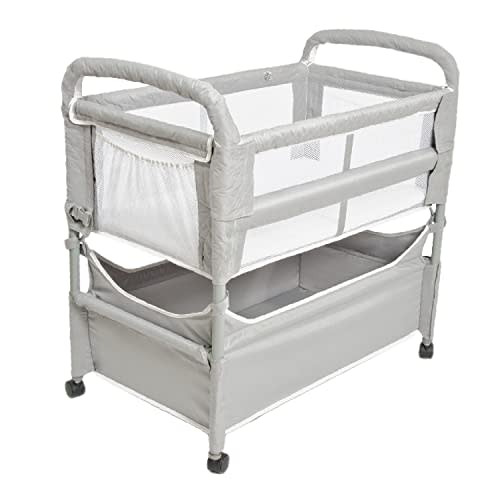 Arms Reach Clear-Vue Co-Sleeper Bedside Bassinet Featuring Clear Mesh Panels with Fold-Down Side, Large Attached Storage Basket, 4 Wheels, and Height-Adjustable Legs, Gray