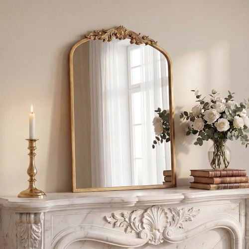 Vintage Mirror, 30" X 19" Arched Antique Baroque Mirror, Gold Traditional Wall Decor, Ornate Decor Anthro Look Alike Decor for Bathroom Living Room Fireplace Entryway Mantle Hallway
