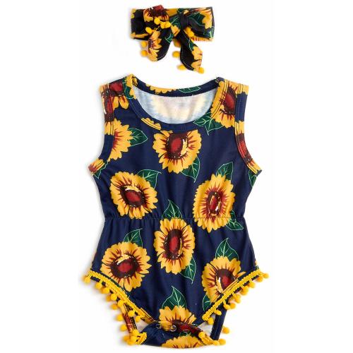 0-3 Months Infant Girls Clothing Set Summer Sleeveless Yellow Sun Flower Print Romper Jumpsuit + Headband Outfits