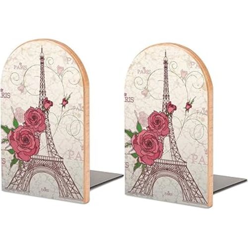 Book Ends Eiffel Tower Rose Flower Bookends for Shelves to Hold Books Heavy Duty Non-Slip Book Stoppers Wood Decorative Home Office