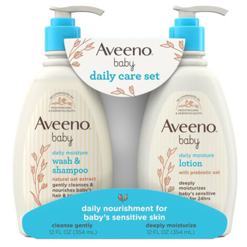 Aveeno Baby Daily Care Gift Set with Oat Extract & Prebiotic Oat, Contains Daily Moisturizing Body Lotion & Gentle 2-in-1 Baby Bath Wash & Shampoo, Hypoallergenic & Paraben-Free, Two Pack