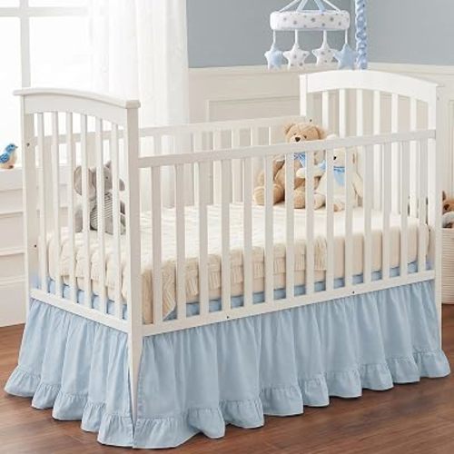 Hahafelt Blue Crib Skirt for Baby Girls & Boys, 28" x 52" with 14" Drop–100% Washed Cotton Dust Ruffle Bed Skirt, Soft Nursery Bedding, Fits Standard Toddler Cribs, Boho Farmhouse Decor