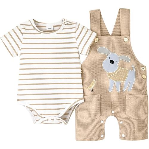 Baby Boy Clothes Infant Summer Outfits Short Sleeve Striped Romper Cute Cartoon Dog Overall Pants Set 2pcs 0-18 Months