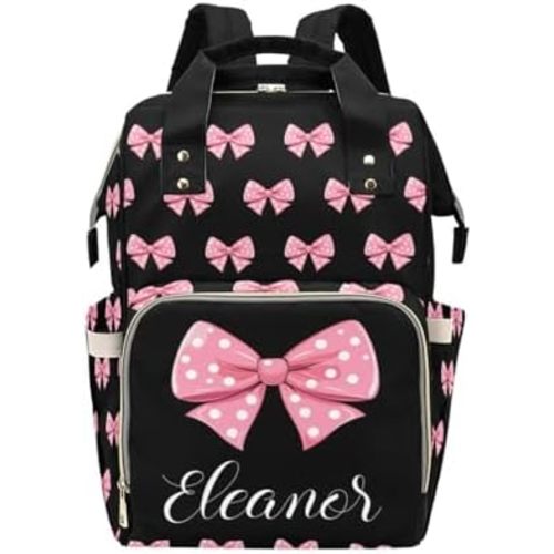 Personalized Name Diaper Bag Backpack for Girls, Custom Bow Diaper Backpack Mommy Bag, Large Capacity Bow Travel Bag for Mother, Customized Nursing Bags Gifts for New Mom