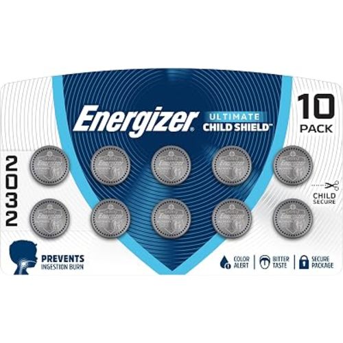Energizer Ultimate Child Shield CR2032 Batteries (10 Pack), 3V Lithium Coin Batteries, Compatible with Apple AirTag and Tile Pro Devices, Key Fobs, Watches and More