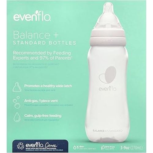 Evenflo Feeding Balance+ Bottles, Standard, 0+ Months, Slow Flow, 3 Bottles, 9 oz (270 ml)