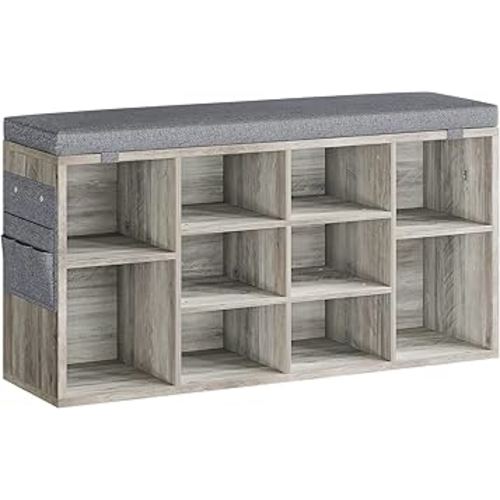 IDEALHOUSE Shoe Storage Bench with Cushion, 10 Cubbies Storage Rack Bench with Padded Seat, 41" Cubby Seat Shoe Cabinet with Adjustable Shelf for Entryway Hallway Living Room, Grey