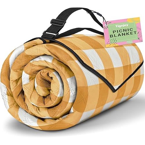 TigeJoy Extra Large Picnic Blanket Waterproof Foldable 80''x80'', Outdoor Picnic Mat Beach Blanket Sandproof for Park, Grass, Travel, Hiking, Camping Essentials, Gingham Picnic Blanket