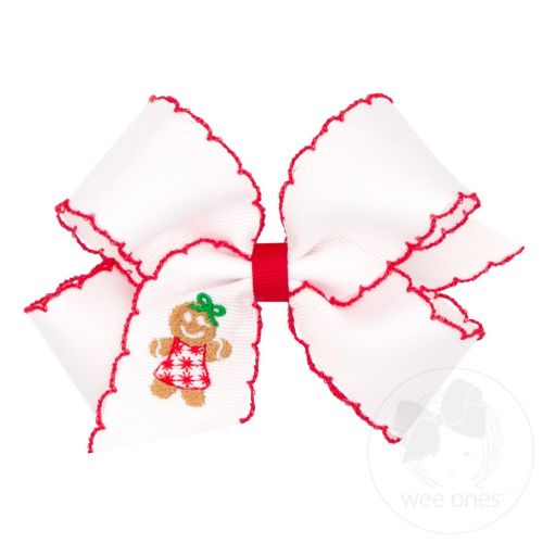 Medium Grosgrain Hair Bow with Moonstitch Edge and Christmas Embroidery - REINDEER | Wee Ones Hair Bows & Accessories