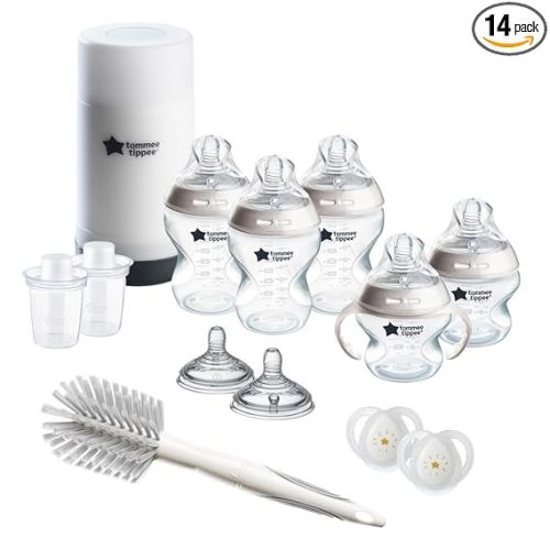 Tommee Tippee Natural Start Ready for Baby Bottle Set, 5oz & 9oz Self-Sterilizing Baby Bottles, Slow & Medium Flow Breast-Like Nipples with Anti-Colic Valves, 0-6 month pacifiers, Travel Bottle Warmer