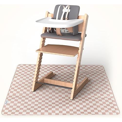 Tiny Twinkle Splat Mat for Under High Chair or Table | 44" x 44" Waterproof & Mess-Proof High Chair Mat for Baby, Machine Washable for Mealtime or Art(Beige Checkers)