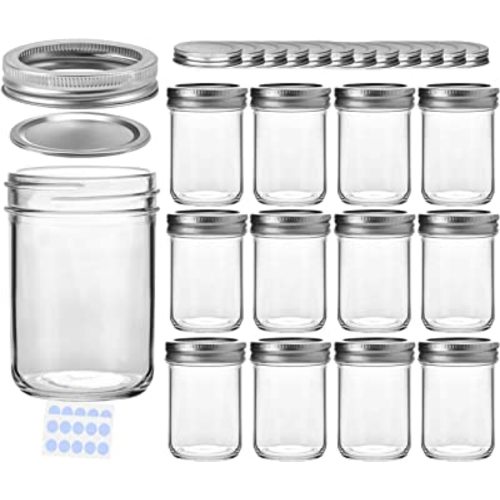 KAMOTA DIY Glass Mason Jars With Bands, 8 oz, Ideal for Jam, Spice, Honey, Wedding , Shower Favors, 12 PACK, Extra 12 Regular Lids & 20 Whiteboard Labels