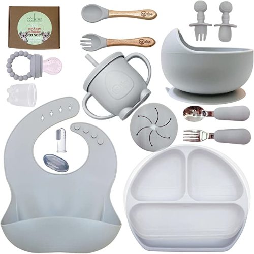 o'doe Baby Led Weaning Set 17 Pcs | Suction Silicone Baby Bowl Self Eating with Fruit Feeder, Cup, Bibs, Food Plate Kit with Lid | Grey V2