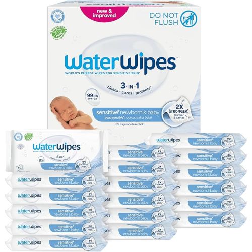 WaterWipes Sensitive+ Newborn & Baby Wipes, 3-In-1 Cleans, Cares, Protects, 99.9% Water, Unscented & Hypoallergenic, 720 Count (12 Packs)