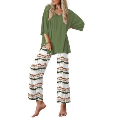 Ekouaer Lounge Sets for Women Pajamas Set Short Sleeve Tops and Long Pants Soft 2 Piece Outfits with Pockets Green-Tie Dye Stripes L