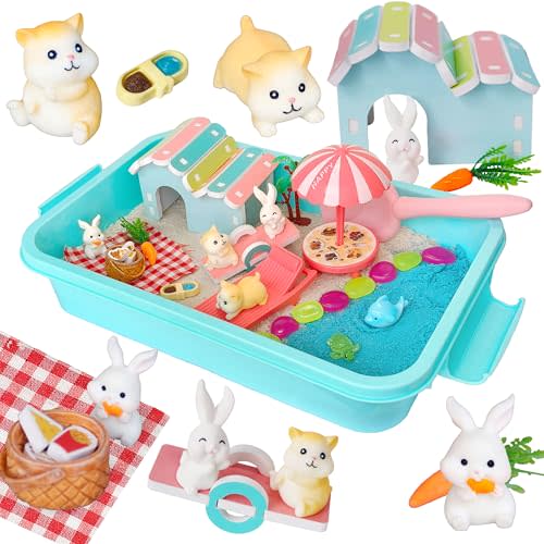 Carolart Hamster Sensory Bin, Animal Play Set, Sand Box with Glow Stones | Rabbit and hamster pretend play sandbox, sensory sand activity, pet habitat toy, gift for kids ages 3-8