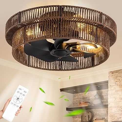 Handwoven Boho Ceiling Fans with Lights Flush Mount,Black Farmhouse Caged Fandelier Low Profile Enclosed Chandelier Fan with 6 Speeds for Bedroom,Nursery,Dining Room(Rattan Brown)