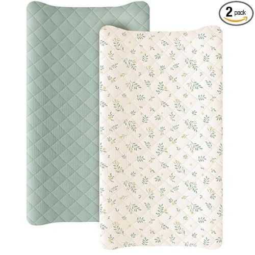 Konssy Waterproof Muslin Changing Pad Cover 2 Pack, Quilted Cotton Fitted Diaper Changing Table Cover, Soft Changing Pad Sheets for Girls Boys (Leafy,Green)
