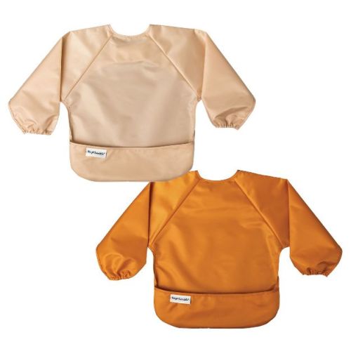 Tiny Twinkle Mess-Proof/Waterproof 2-Pack Long-Sleeve Baby Bib, Machine Washable Smock for Eating (Sand Cinnamon, Small 6-24 Months)
