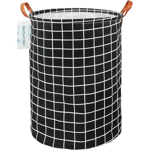 LANGYASHAN Laundry Basket Canvas Fabric Collapsible Organizer Basket for Storage Bin Toy Bins Gift Baskets Bedroom Clothes Children Nursery Hamper (Black Grid)