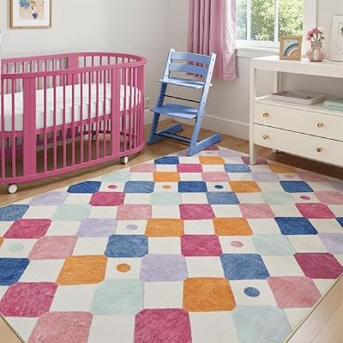 jinchan Area Rug 5x7 Kids Washable Indoor Floor Cover Non-Slip Modern Soft Rug Elementary School Classroom Colorful Diamond Carpet for Nursery Playroom Daycare Bedroom Living Room Berries on Cream