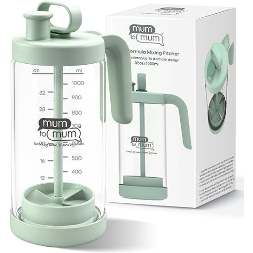 MUM TO MUM 32oz Glass Formula Mixing Pitcher, Microplastic-Free Design, Leak-Proof Breastmilk Storage with Silicone Seal, Dishwasher Safe & Thermal Shock Resistant (Light green)