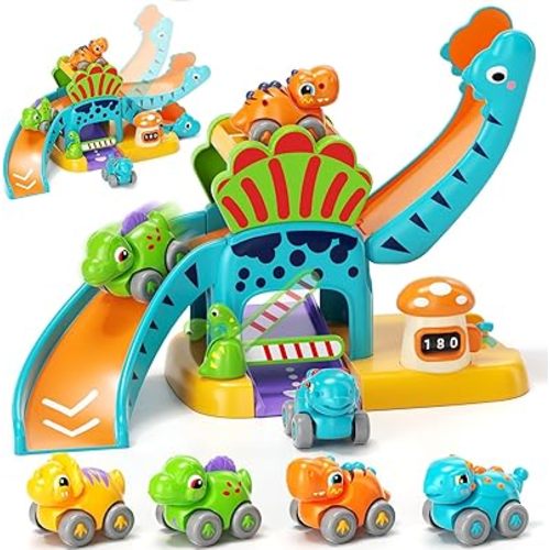 Lehoo Castle Toys for 1 Year Old Boys, Dinosaur Slide with 4 Mini Push Cars for Baby 12-18 Months, Infant Play Vehicle Set, Educational Learning First 1st Birthday Gifts for Kids, Girls, Toddlers 1-3