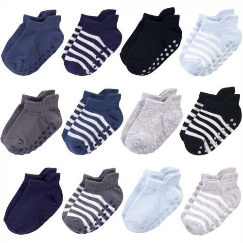 Touched by Nature Baby and Toddler Boy Organic Cotton Socks with Non-Skid Gripper for Fall Resistance, Blue Black, 6-12 Months