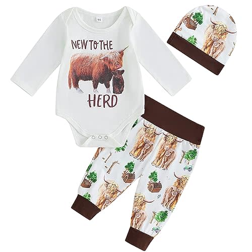 Newborn Infant Baby Boys Clothes Western Cowboy Letters Print Long Sleeve Bodysuit Pants Hat 3PCS Outfit Set