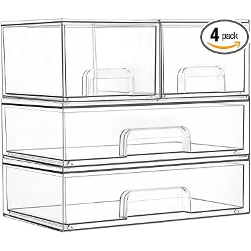Vtopmart Stackable Storage Drawers Set of 4, Clear Plastic Organizer Bins for Bathroom Supplies,Ideal for Cabinet,Pantry,Laundry Room Organization