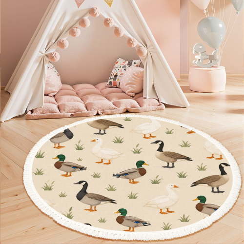 Washable Non Slip 3ft Round Rug, Whimsical Farm Ducks Geese Circle Area Rugs with Tassels Carpet for Nursery Bedroom Living Room Playroom Tent rug Tent Castle