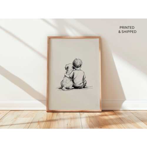 Golden Retriever Puppy & Boy Sketch Art Print – Nursery Decor