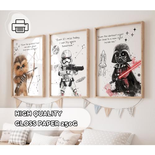 Set Of 3 Star Wars Prints - Space Room Decor, Hand-Drawing Star Wars Wall Art, Movie Poster, Gift for Boys, Playroom Posters, Motiviaton