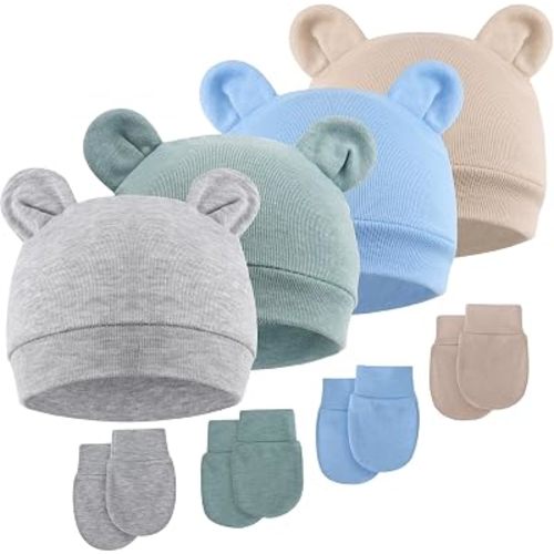 Bear Ears Newborn Baby Hat and Mitten Set Infant Beanie 0-3 Months