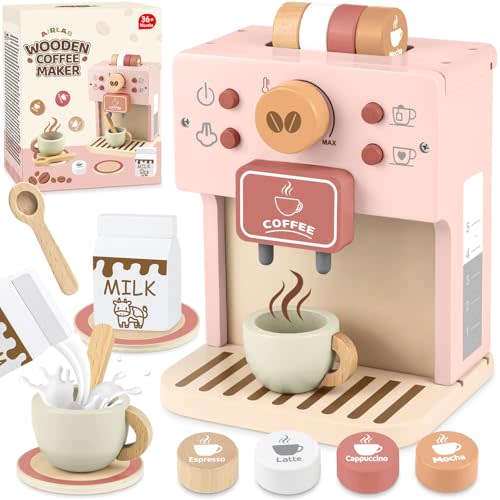 Toy for Kids Wooden Kitchen Accessories Pretend Play, Pink | Coffee Maker Toy Kids Kitchen Playset for Girls Boys Ages 2 3 4 Years Birthday Gifts