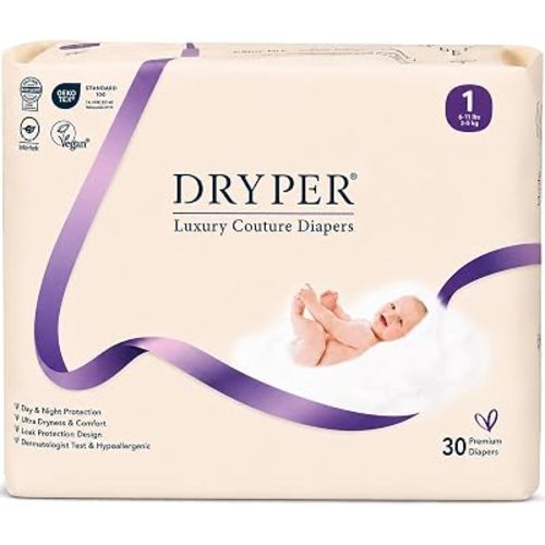Trial Pack Baby Diapers - DRYPER Size 1 Diapers (6-11 lbs), 30 Count, Size Newborn Diapers, Hypoallergenic Disposable Diaper, Ultra-Soft & Thin, with Wetness Indicator, Oeko-TEX Standard 100
