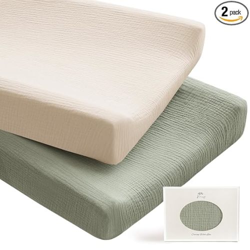 Konssy 2 Pack Muslin Changing Pad Covers for Boys, Ultra Soft & Breathable Cotton Baby Diaper Changing Table Covers, Neutral Nursery Diaper Changing Pad Sheets (Fog Green,Cream)