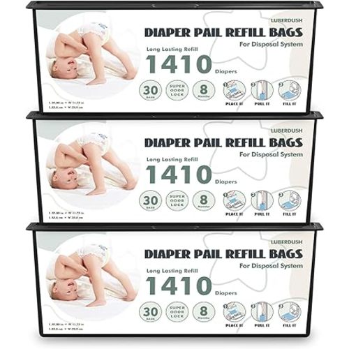 Diaper Pail Refill Bags - Compatible with Genie Easy Roll Signature & Platinum Pails | Each 30 Bags Holds Up to 1410 Newborn Diapers | 7-Layer OdorLock Technology | 3 Pack(90 Bags)
