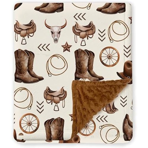 Western Baby Blanket, Cowboy Minky Blankets for Boys Girls, Nursery Room Decor, Soft Warm Lightweight Nursery Bed Blanket for Newborn Toddlers Son Daughter, for New Parents